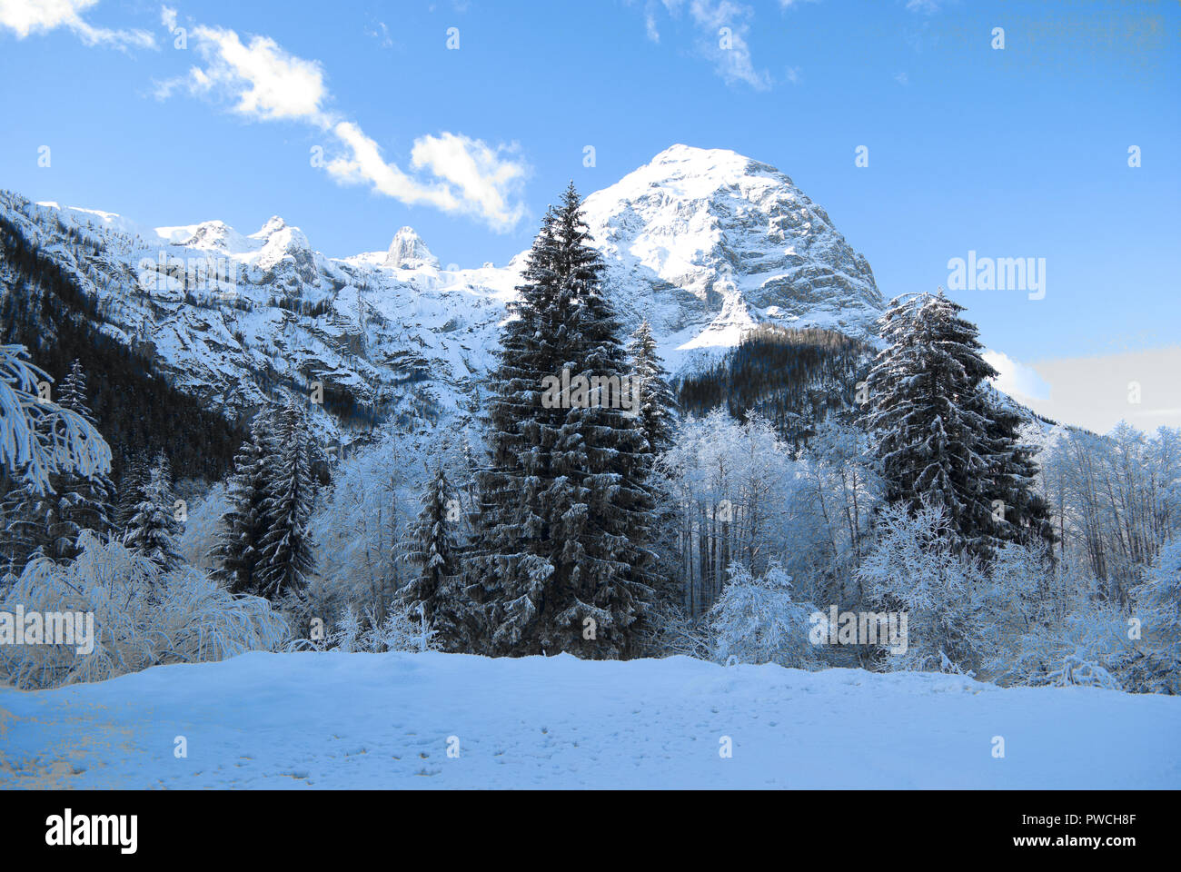 a beautiful day of intense cold, at Christmas, on the Dolomites, the beautiful mountains of Veneto in this case in the province of Belluno Stock Photo