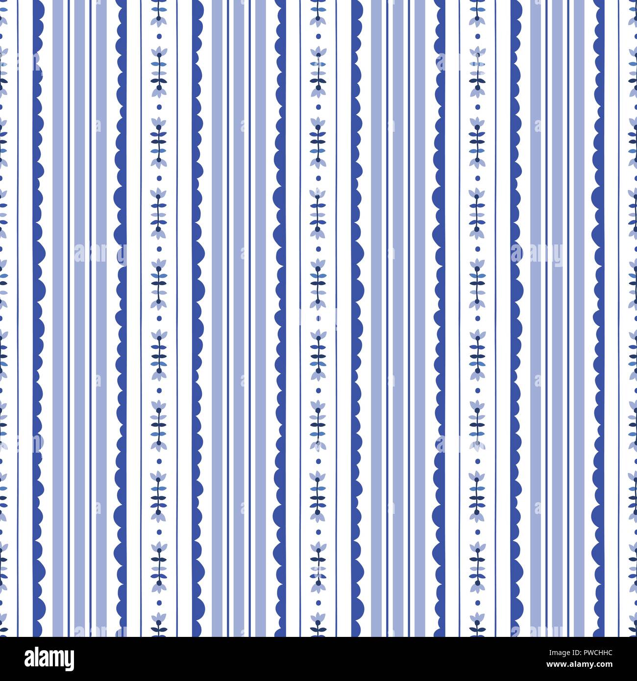 Blue and White Floral Vertical Stripes Background Vector Seamless