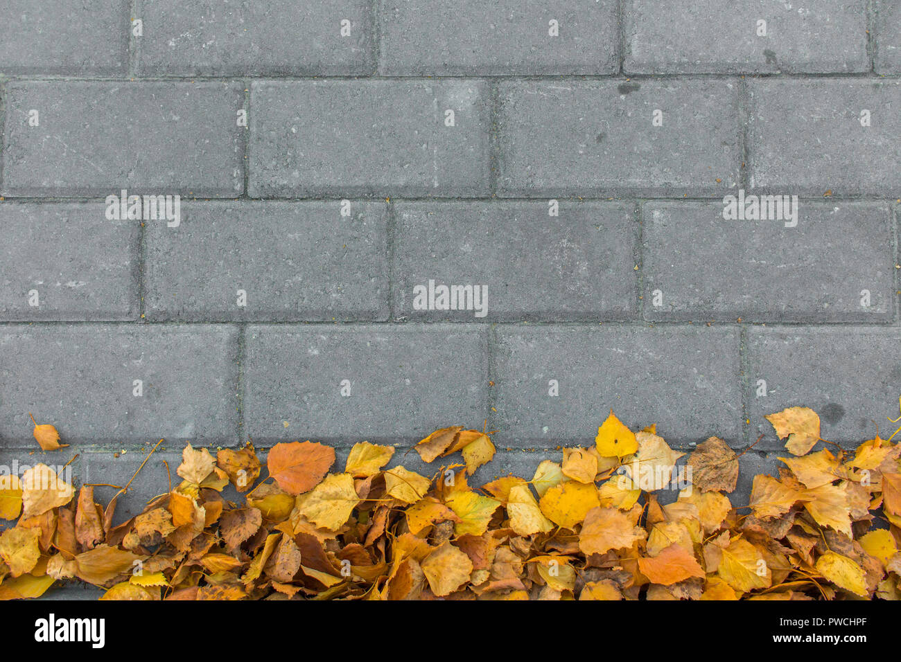 Brick wall background autumn leaves hi-res stock photography and