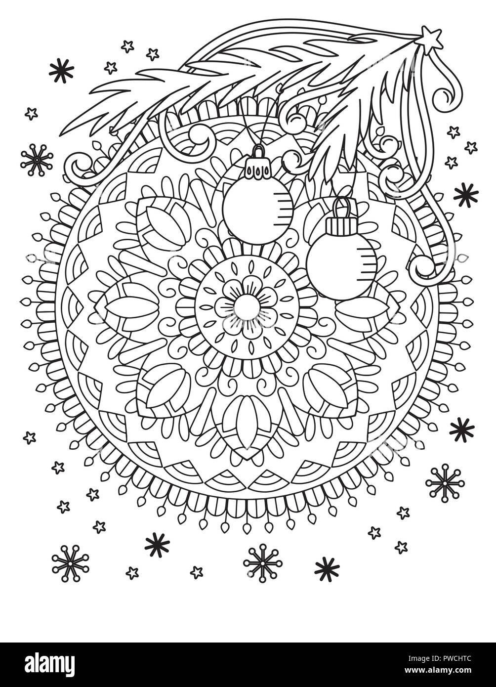 Christmas mandala coloring page. Adult coloring book. Holiday decore, balls and snowflake. Hand drawn vector illustration. Stock Vector