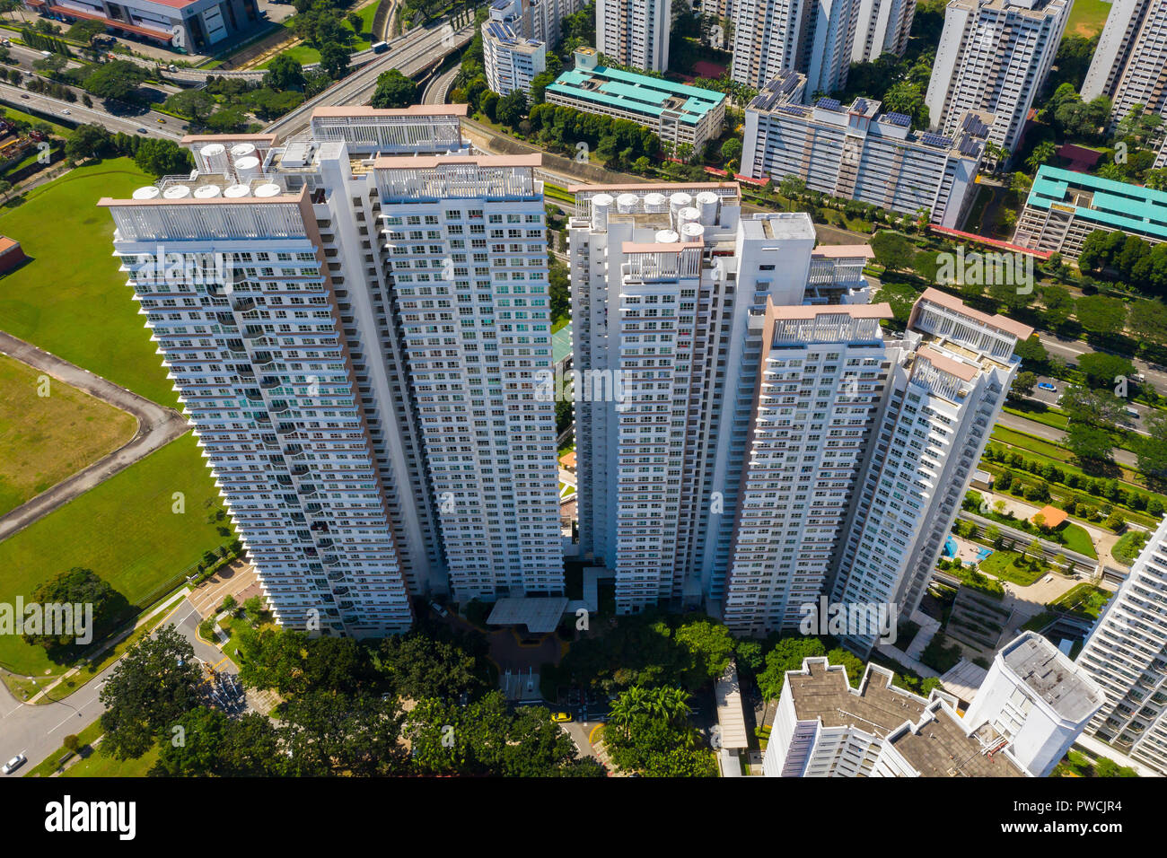 Aerial view of a 40 storey high rise HDB blocks at Bukit Batok, Singapore. Stock Photo