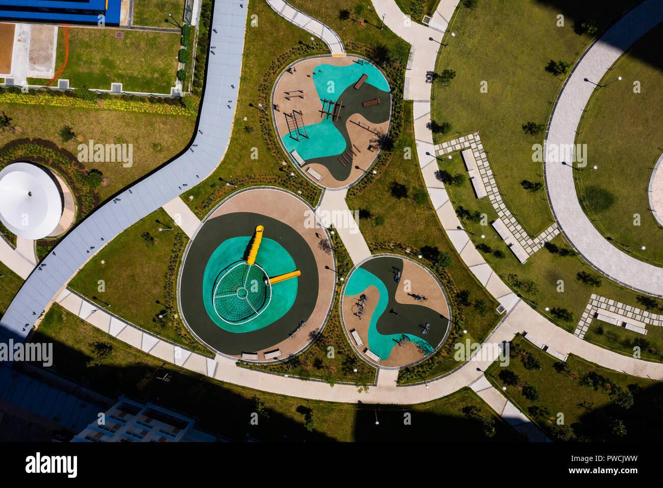 Aerial view of a public playground for the neighbourhood community in Singapore. Playground is an exploration for kids and let their imagination roam Stock Photo