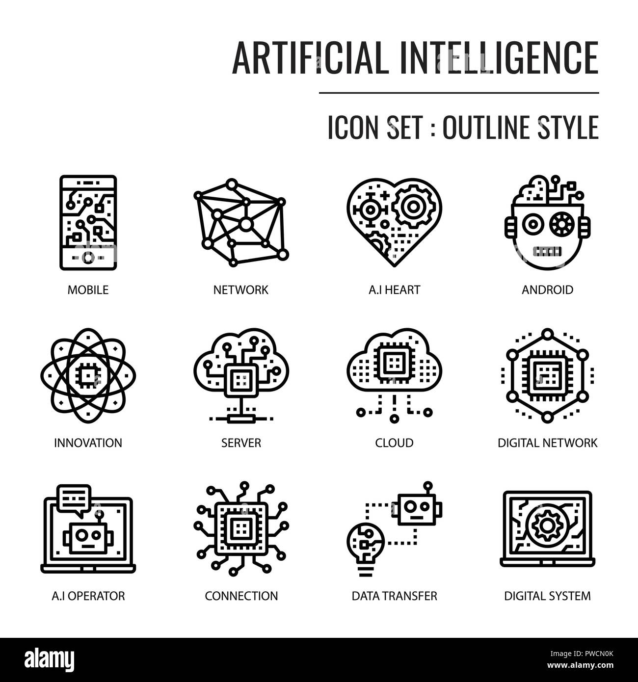 Artificial Intelligence, pixel perfect outline icon, isolated on white background Stock Vector