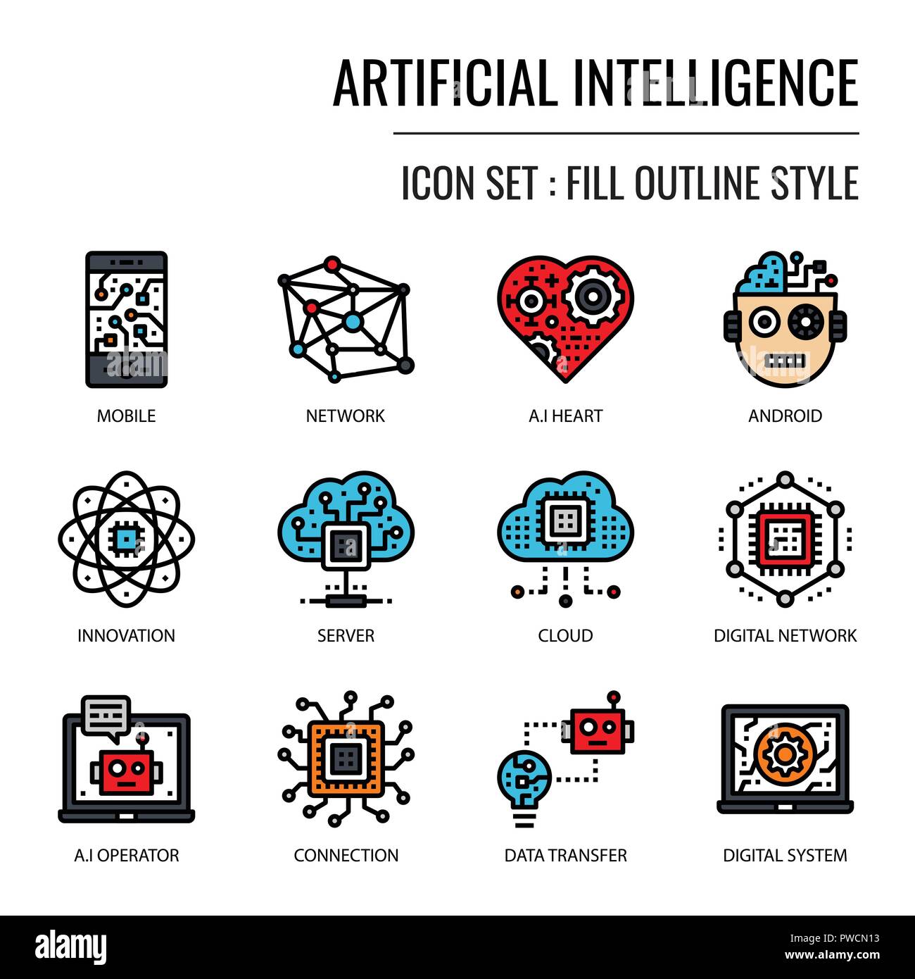 Artificial Intelligence, pixel perfect fill outline icon, isolated on white background Stock Vector