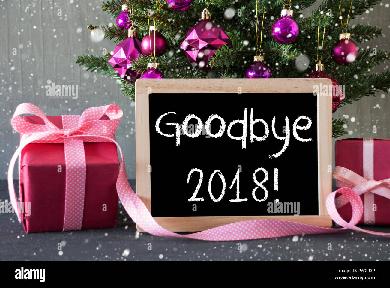 Tree With Gifts, Snowflakes, English Text Goodbye 2018 Stock Photo