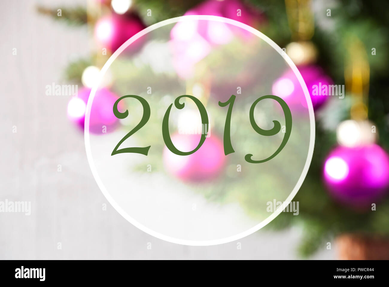 Blurry Balls, Rose Quartz, Text 2019, Christmas Tree Stock Photo