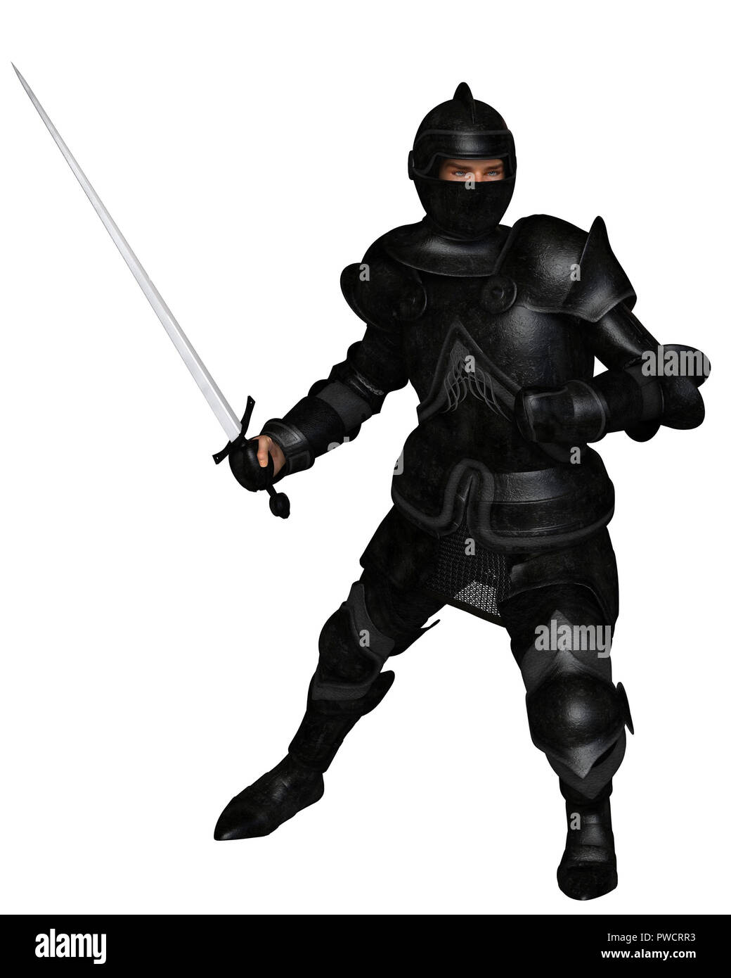 Black Knight in Medieval Armour, Attacking Stock Photo