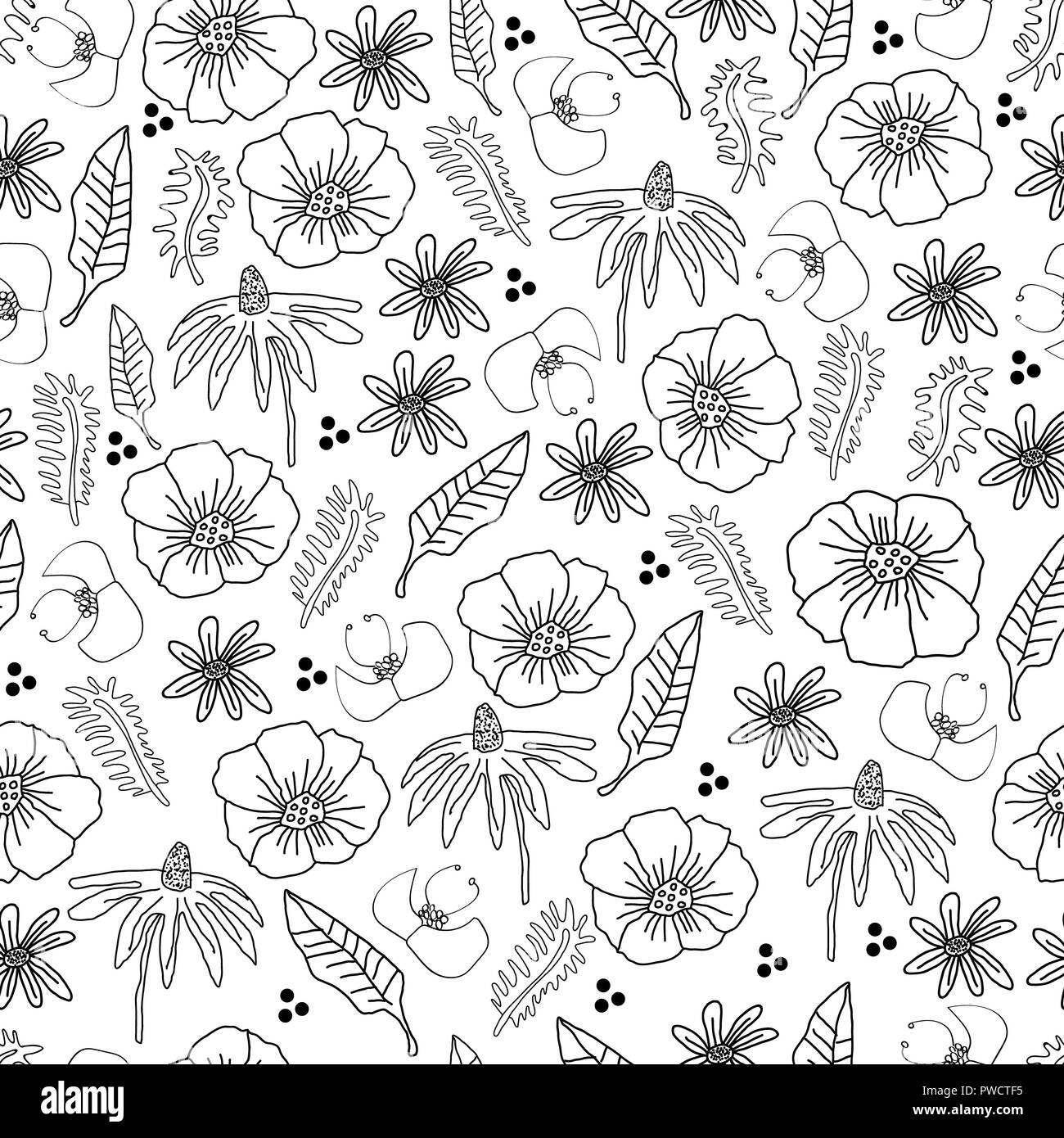 Line Flowers IllustrationMonochromatic Flowers. Seamless Repeat