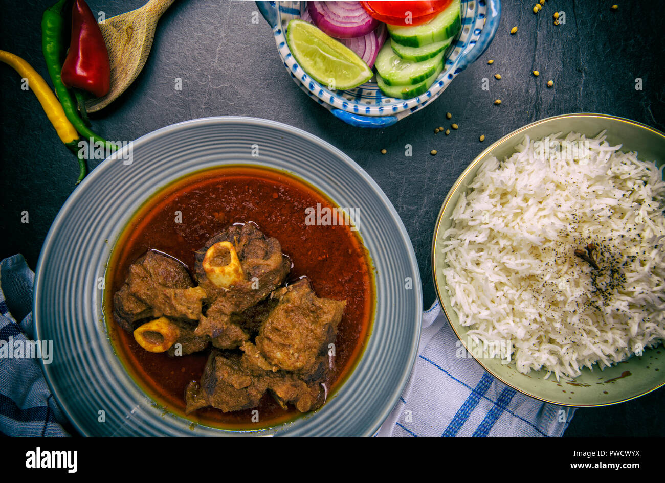 Indian goat meat curry with rice Stock Photo Alamy