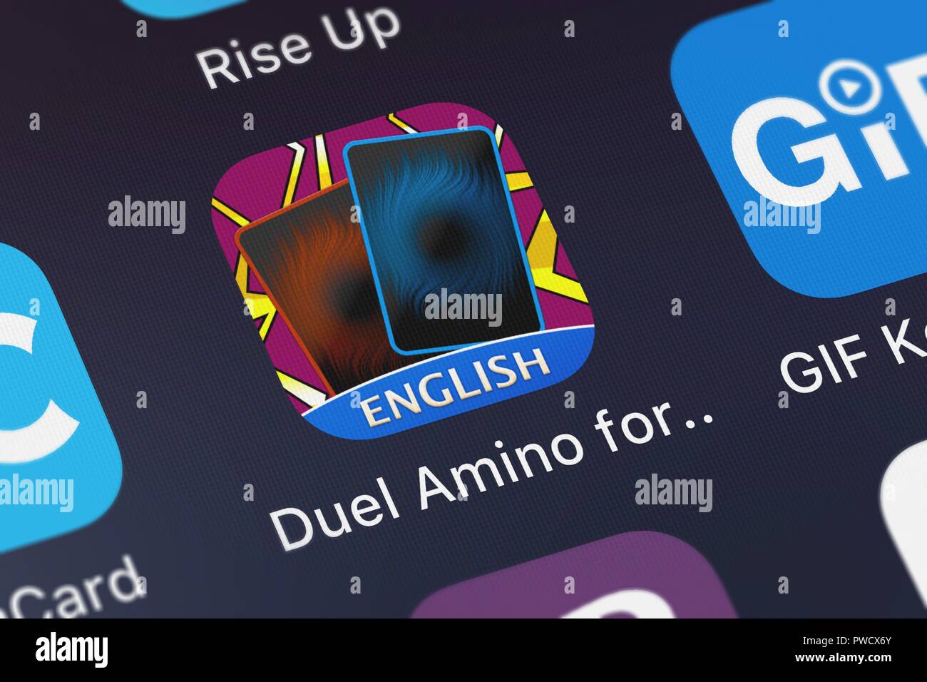 London, United Kingdom - October 15, 2018: Screenshot of the Duel Amino for Yu-Gi-Oh Fans mobile app from Narvii Inc. icon on an iPhone. Stock Photo