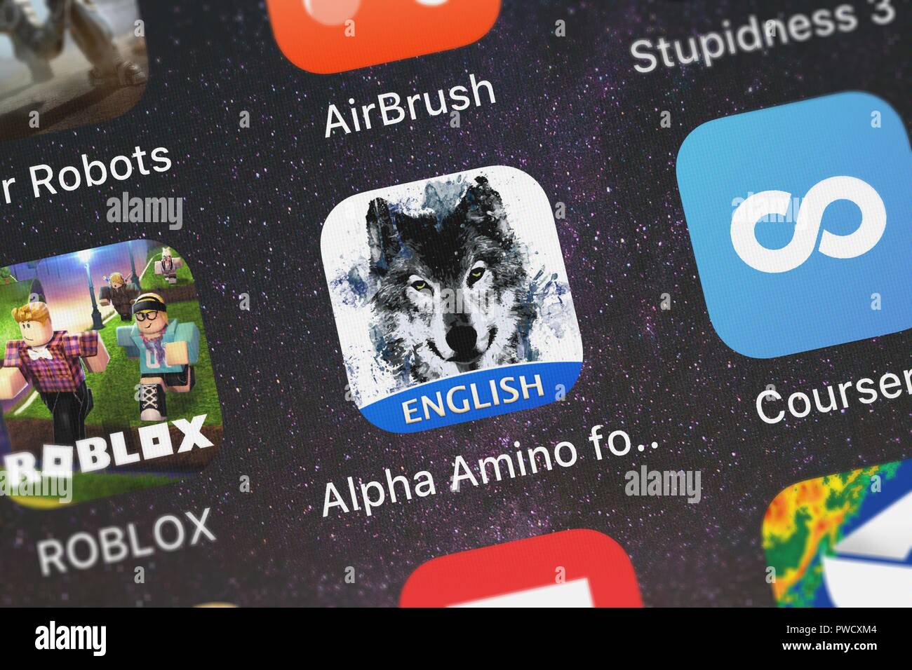 London, United Kingdom - October 15, 2018: Close-up shot of Narvii Inc.'s popular app Alpha Amino for Teen Wolf. Stock Photo