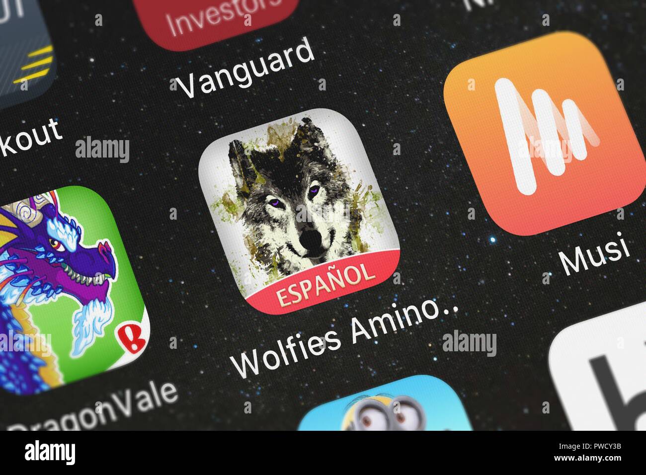 London, United Kingdom - October 15, 2018: Icon of the mobile app Wolfies Amino para Teen Wolf from Narvii Inc. on an iPhone. Stock Photo