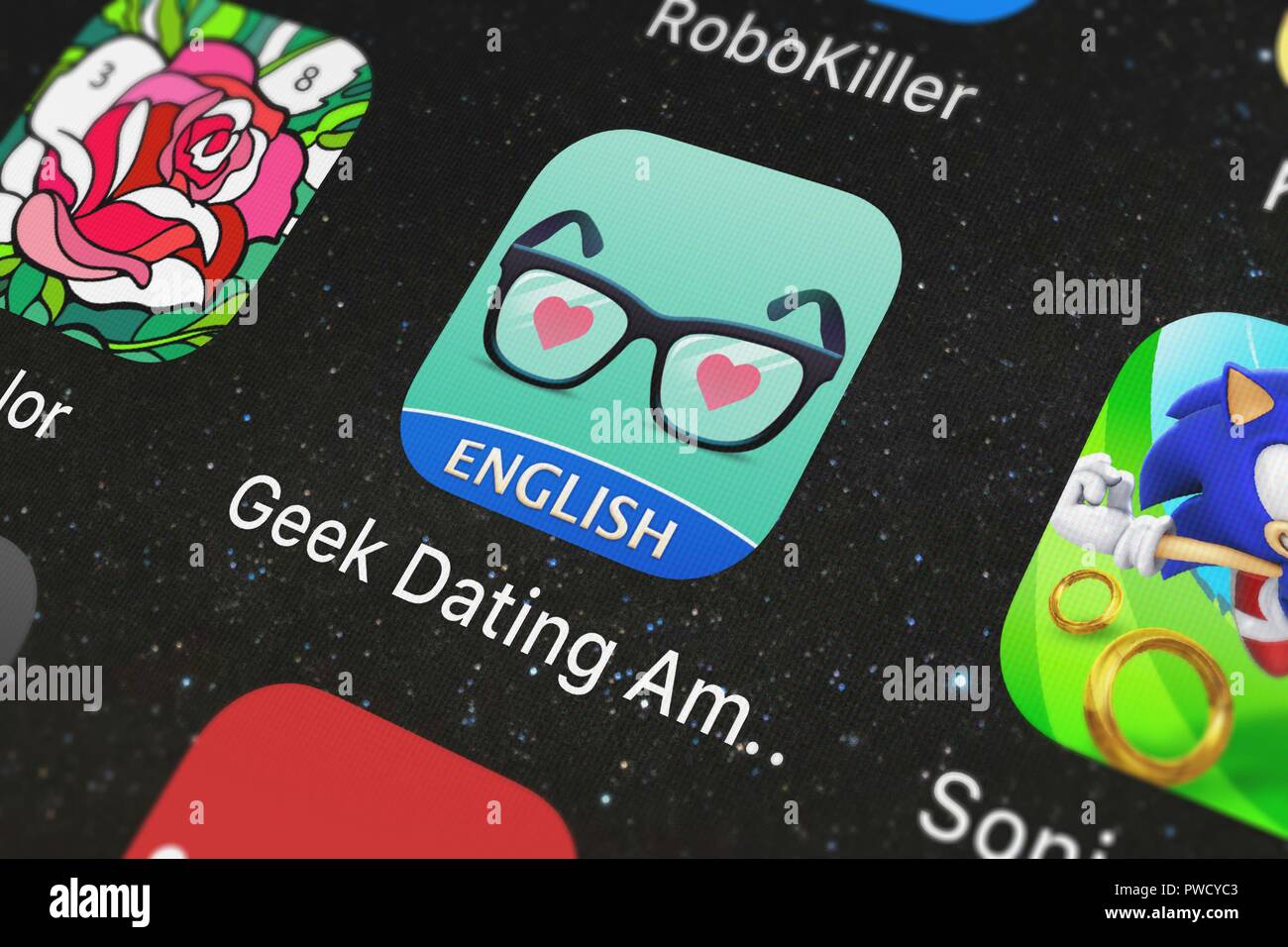 London, United Kingdom - October 15, 2018: Close-up shot of the Geek Dating Amino application icon from Narvii Inc. on an iPhone. Stock Photo