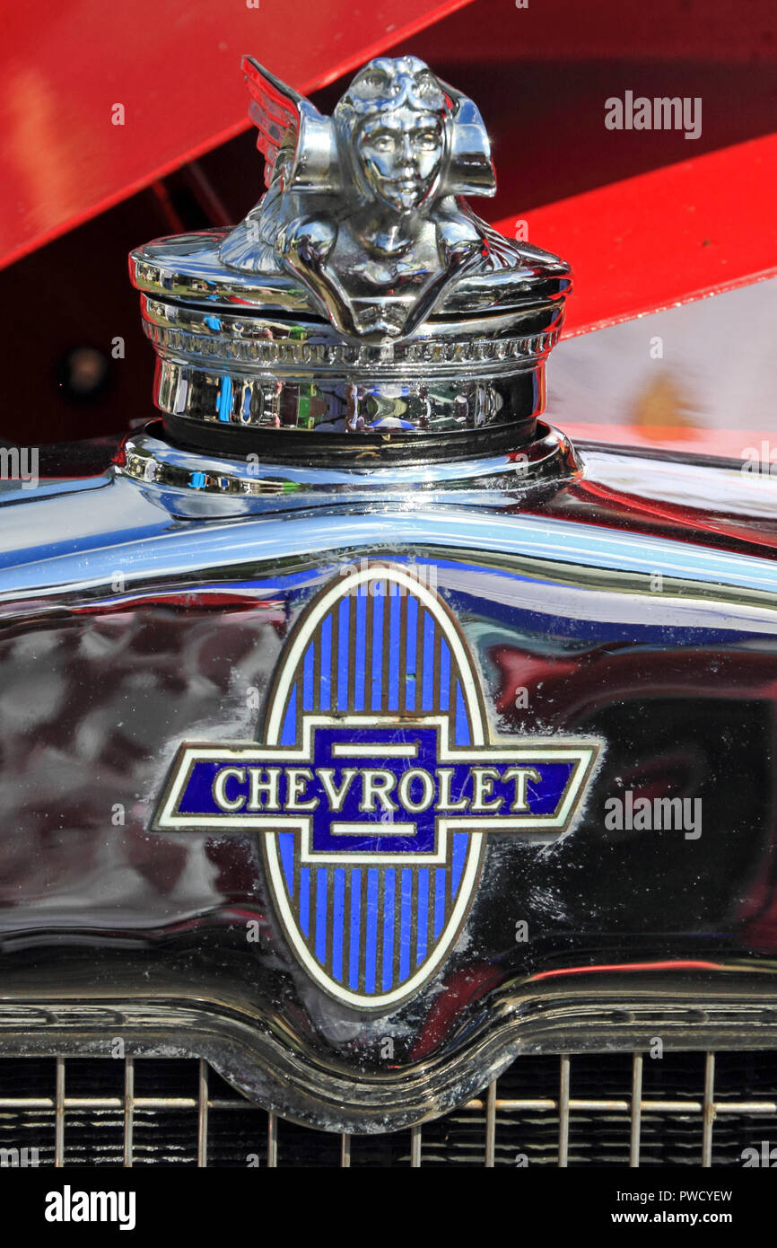 Chevrolet logo and radiator mascot on 1930 Sports Roadster Stock Photo