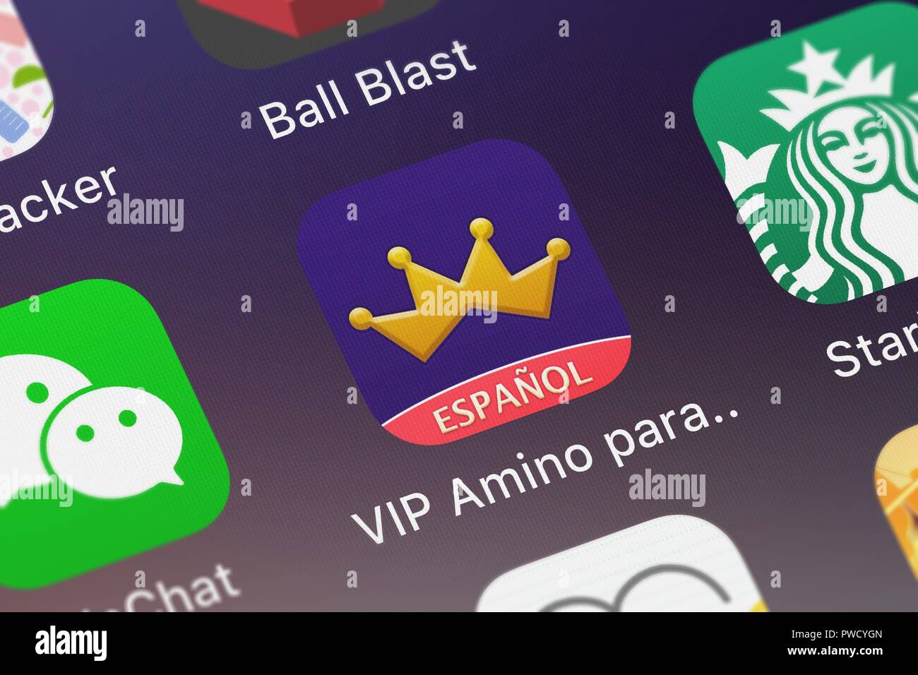 London, United Kingdom - October 15, 2018: Close-up shot of the VIP Amino para BIGBANG mobile app from Narvii Inc.. Stock Photo