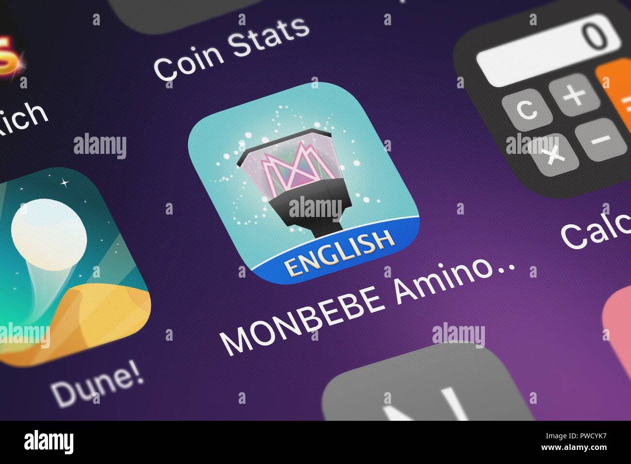 London, United Kingdom - October 15, 2018: Close-up shot of the MONBEBE Amino for MONSTA X mobile app from Narvii Inc.. Stock Photo