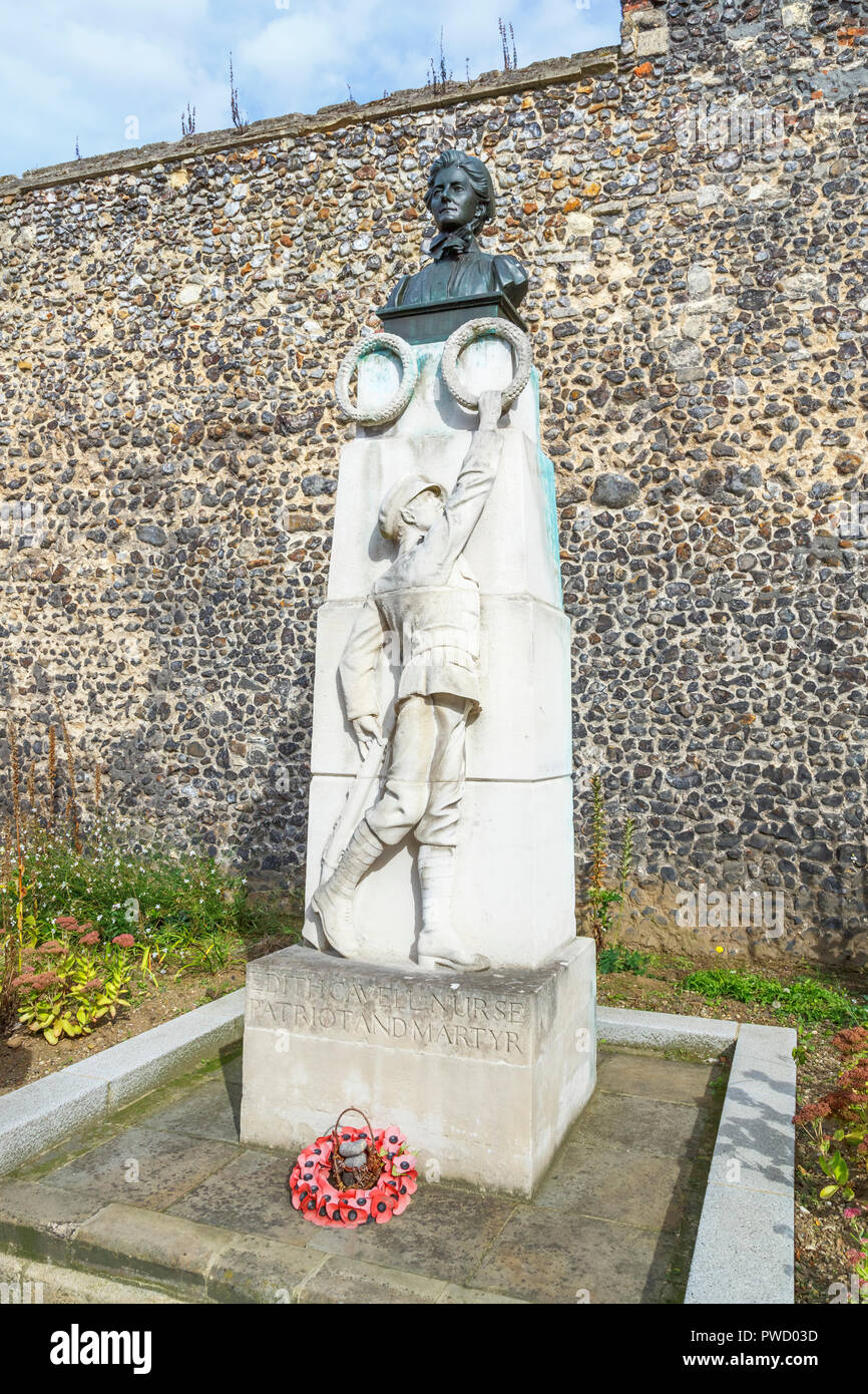 Memorial statue with head and shoulders bust of Edith Cavell, nurse