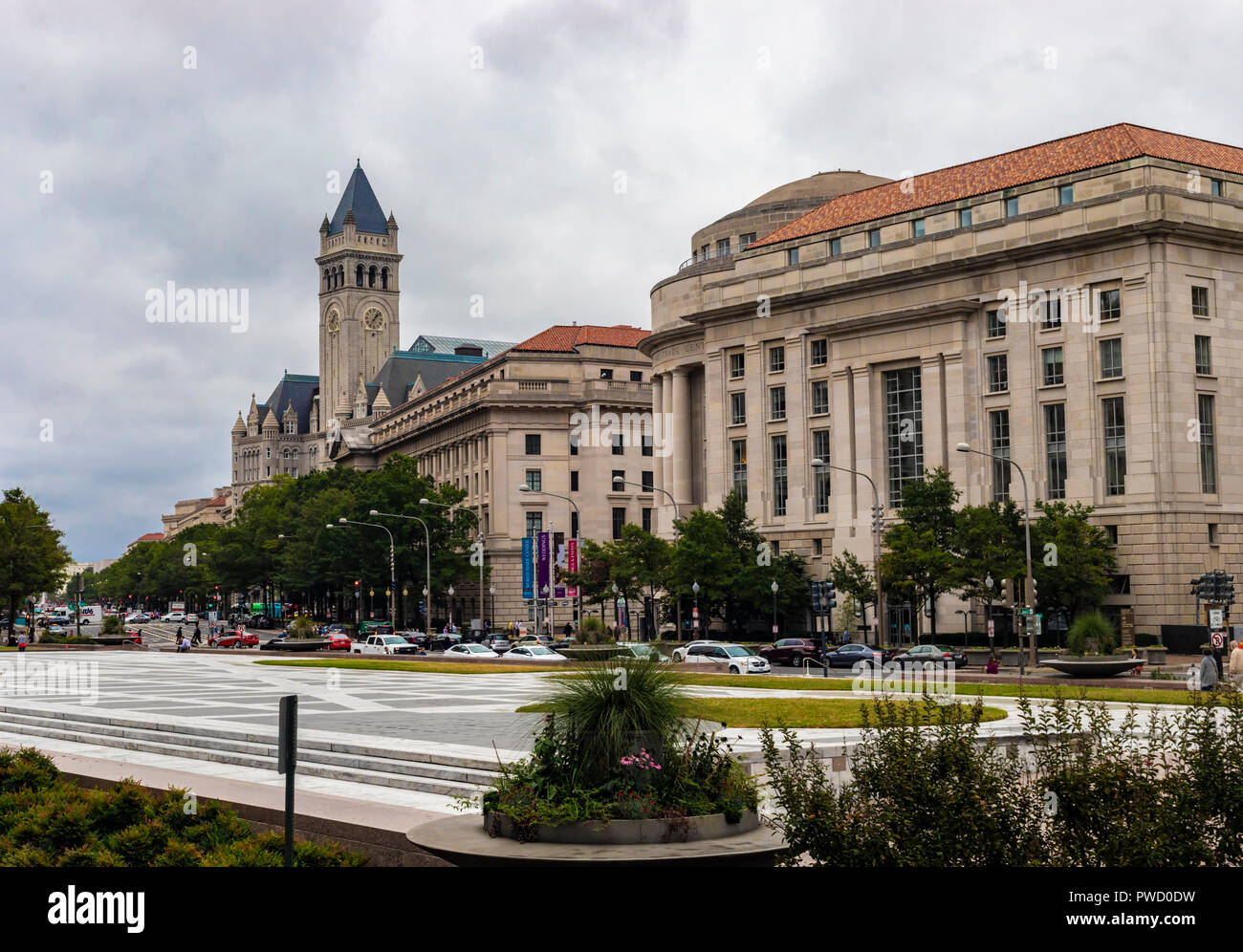 Washington DC, USA - October 12, 2017: Street view of the Old Post Office Pavilion building and clocktower and International Trade Centre building in  Stock Photo