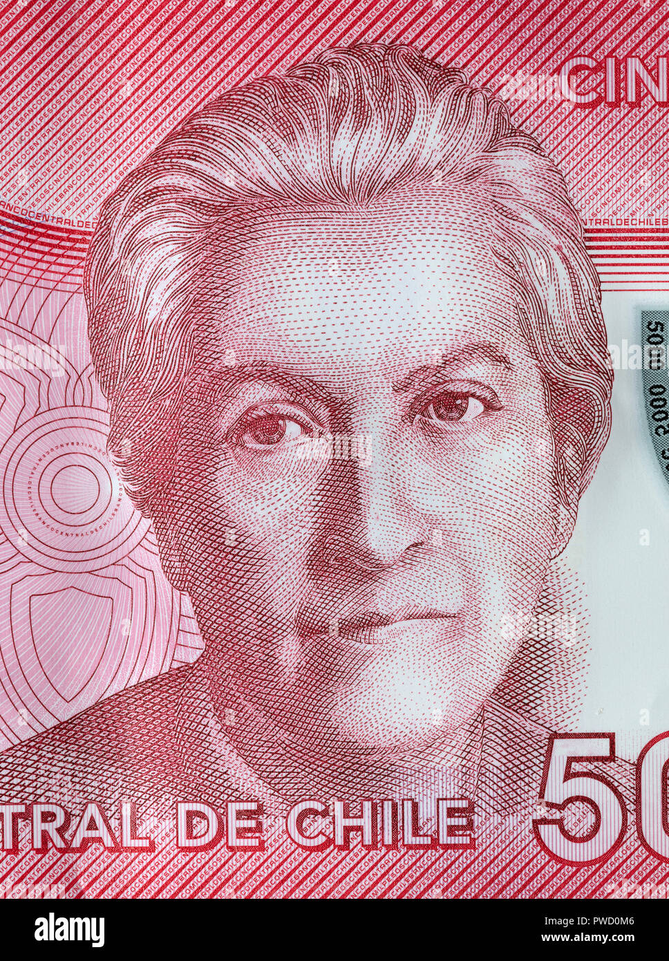 Portrait of Gabriela Mistral, from 5000 pesos banknote, Chile, 2013 Stock Photo