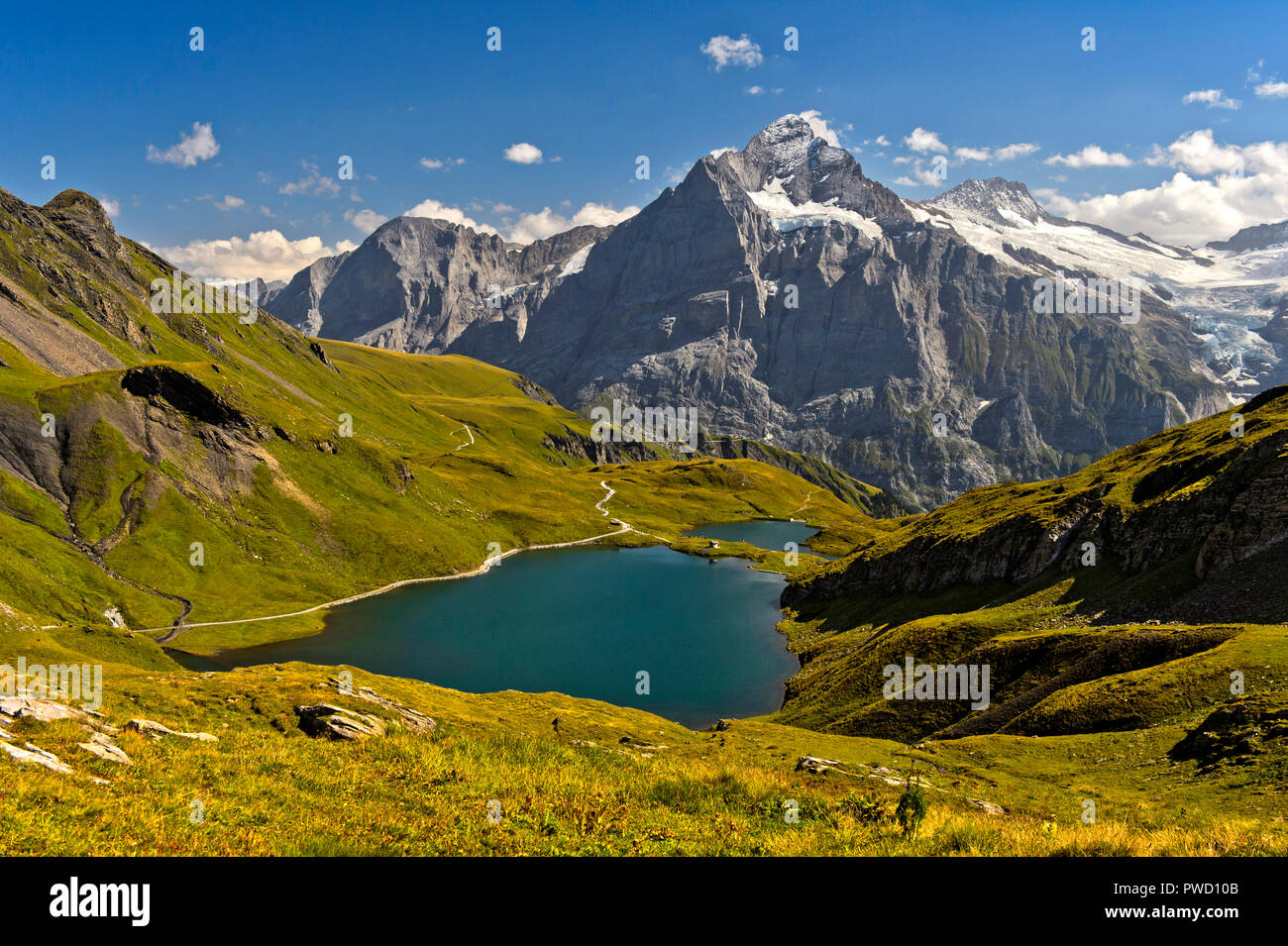 Mountain lake Bachalpsee and the peak Wetterhorn behind, Grindelwald, Bernese Oberland, Switzerland Stock Photo