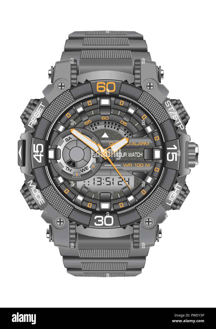 Realistic clock watch sport digital chronograph grey for men design modern on white background vector illustration. Stock Vector