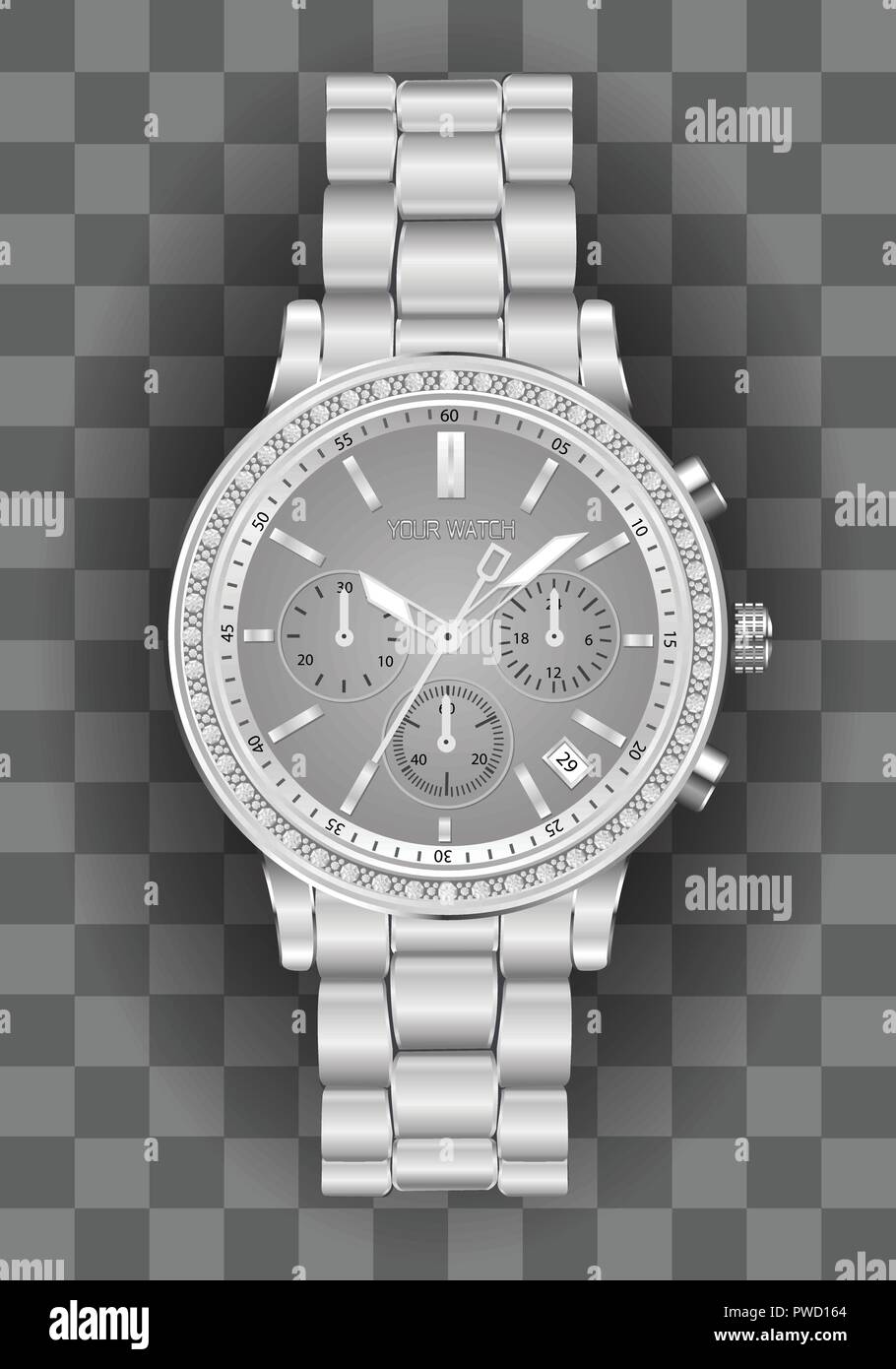 Realistic clock chronograph watch for men silver diamond grey face on