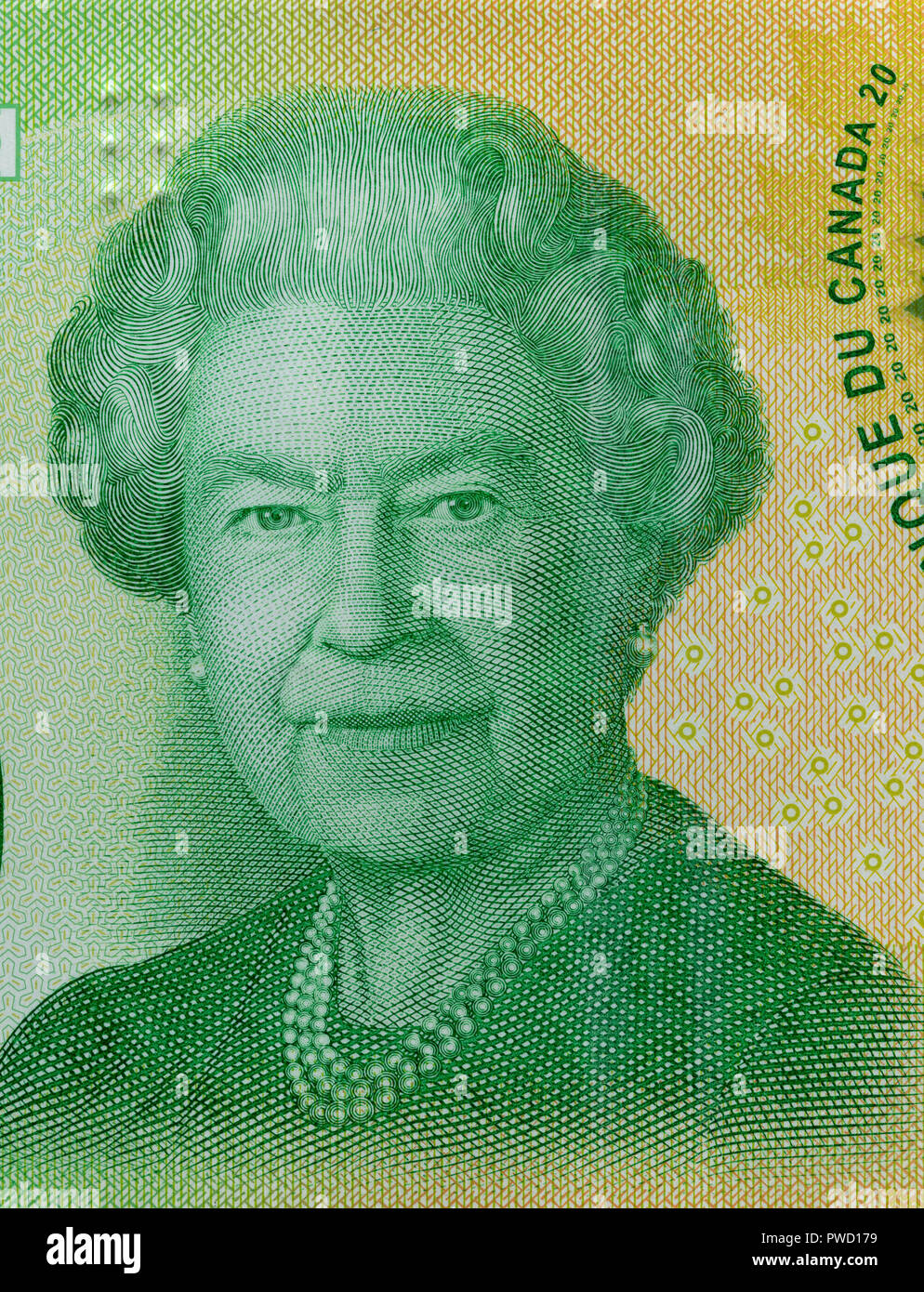 Portrait of Queen Elizabeth II from 20 dollars banknote, Canada, 2012 Stock Photo