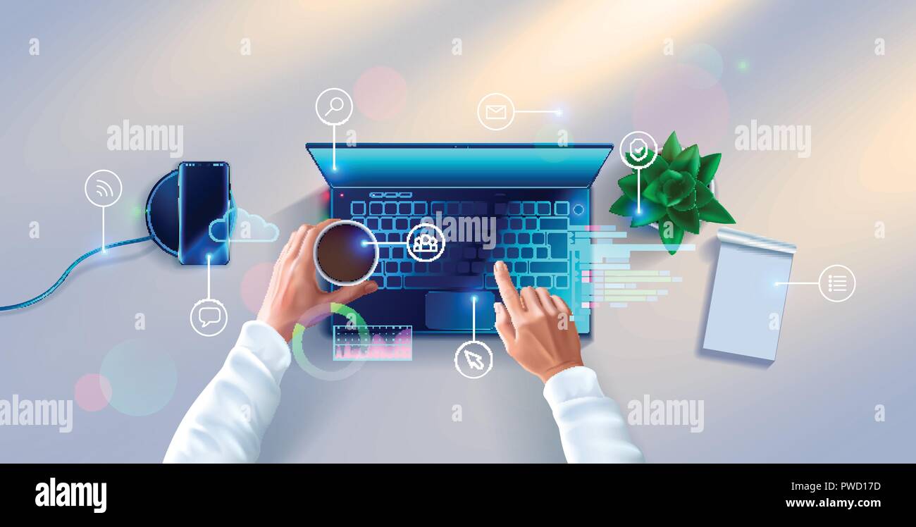 Hands of developer working on keyboard of laptop on white desk. top view. Workplace of programmer with notebook, table plant, smartphone, icons and interface elements. Stock Vector