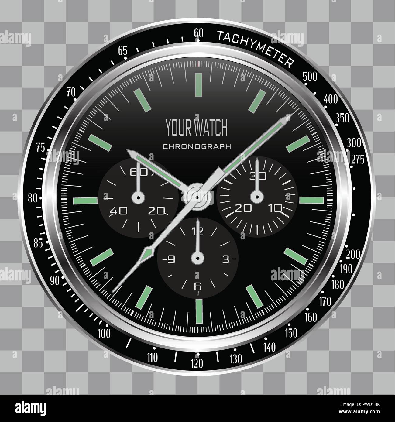 Realistic watch clock chronograph face stainless steel dial black on checkered pattern background vector illustration Stock Vector Image Art Alamy