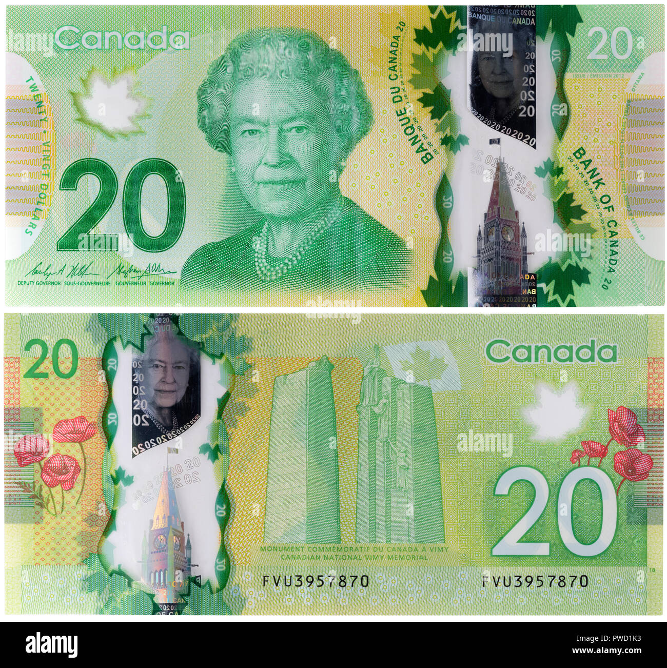 20 dollars banknote, Queen Elizabeth II, Canadian National Vimy Memorial, Canada, 2012 Stock Photo
