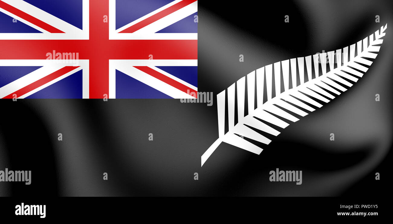 Silver Fern Flag (black ensign), Flag of New Zealand. 3D Illustration