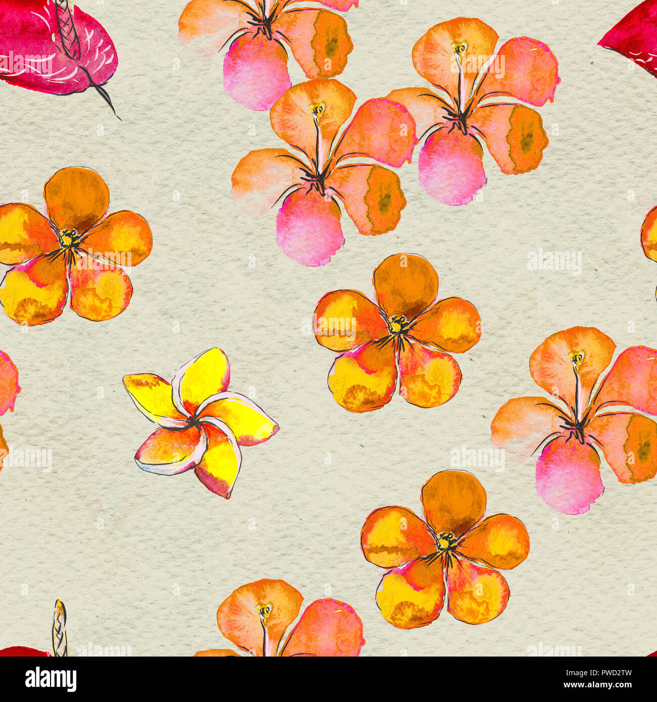 Seamless pattern With Tropical Flowers. Watercolor Background Stock ...