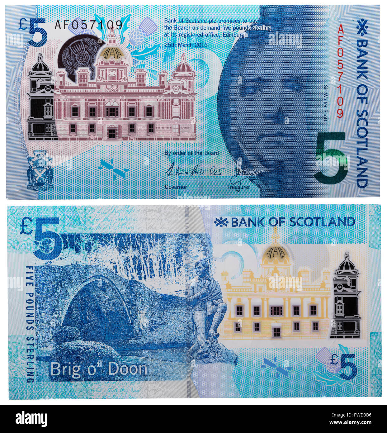 5 pounds banknote, Walter Scott, Scotland, 2016 Stock Photo