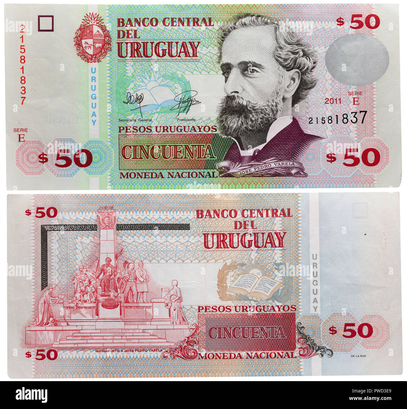 50 pesos banknote, Jose Pedro Varela, Uruguay, 2011 Stock Photo