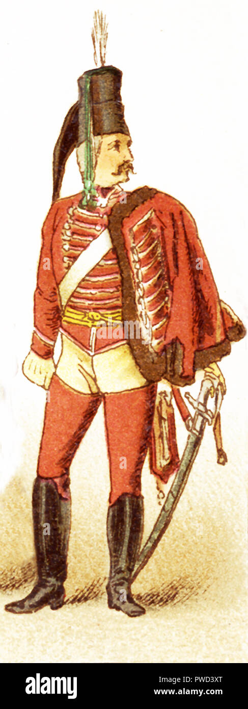 The Figure represented here is a German Hussar in the 1700s. The illustration dates to 1882. Stock Photo