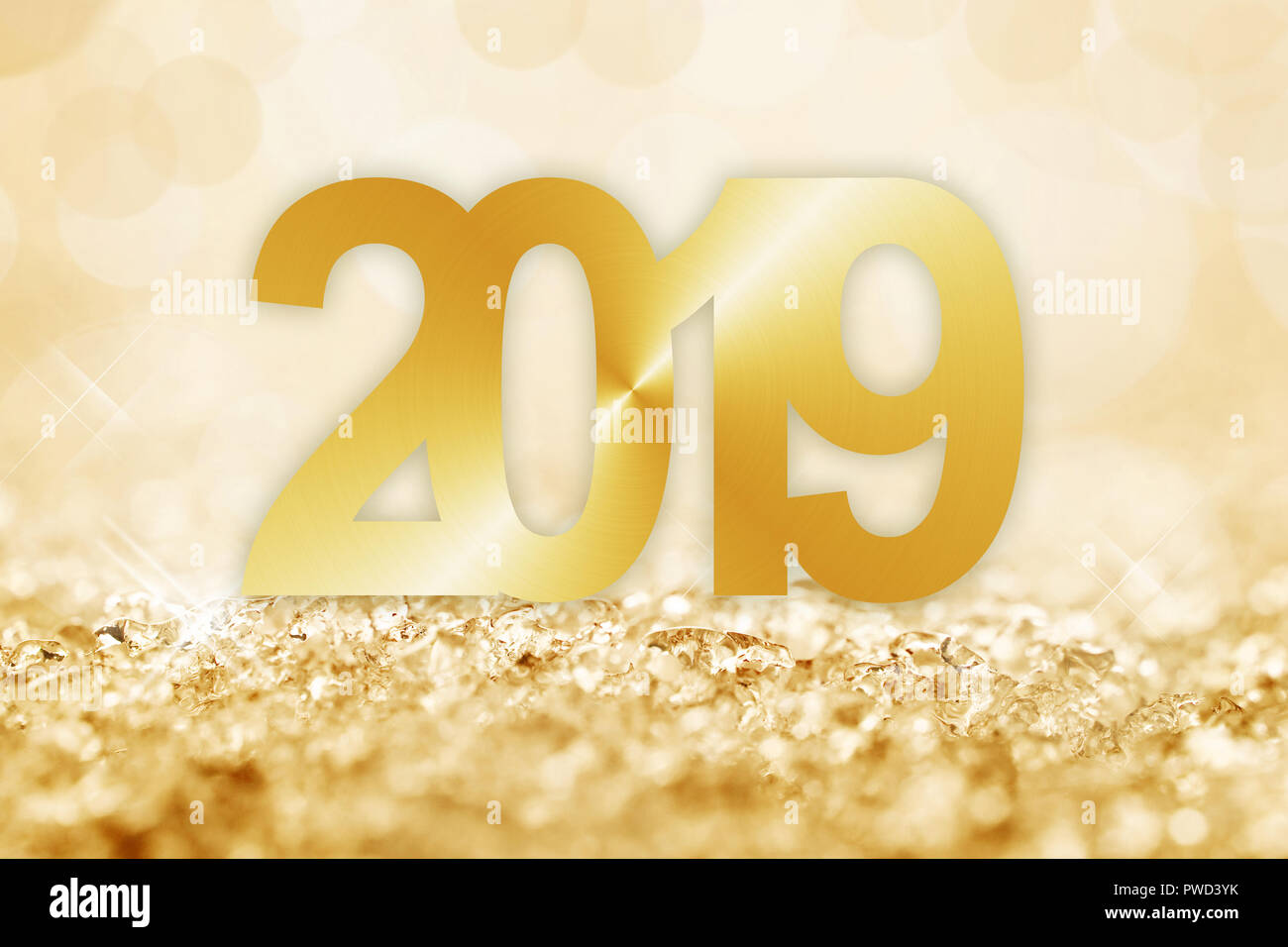 2019 golden snow and bokeh lights greeting card Stock Photo