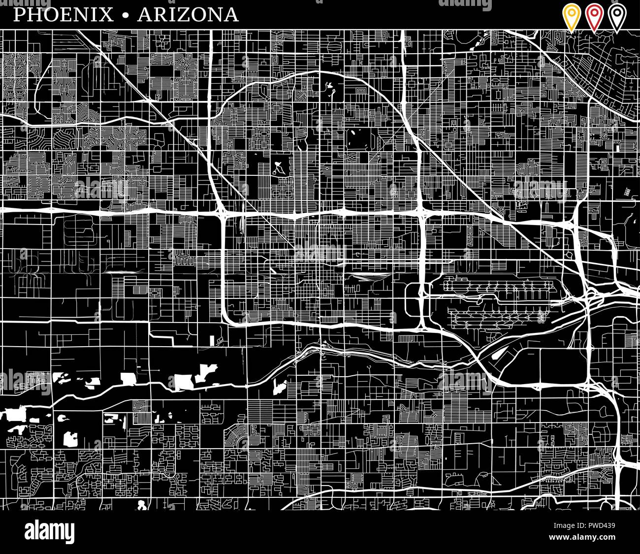 Simple map of Phoenix, Arizona, USA. Black and white version for clean backgrounds and prints. This map of Phoenix contains three markers who are grou Stock Vector