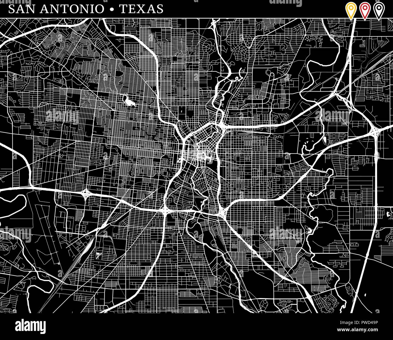 Simple map of San Antonio, Texas, USA. Black and white version for