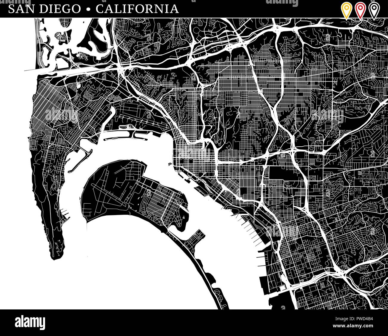 Simple map of San Diego, California, USA. Black and white version for clean backgrounds and prints. This map of San Diego contains three markers who a Stock Vector