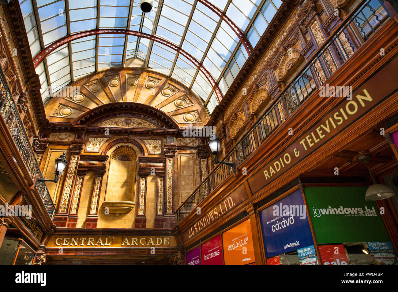 UK, England, Tyneside, Newcastle upon Tyne, Central Arcade, glazed roof and Windows Music Shop Stock Photo