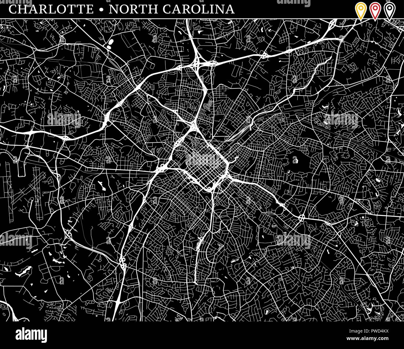 Simple map of Charlotte, North Carolina, USA. Black and white version for clean backgrounds and prints. This map of Charlotte contains three markers w Stock Vector