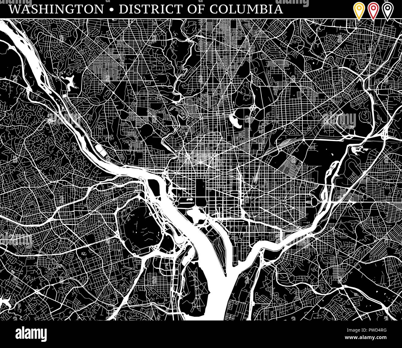 Simple map of Washington, District of Columbia, USA. Black and white version for clean backgrounds and prints. This map of Washington contains three m Stock Vector