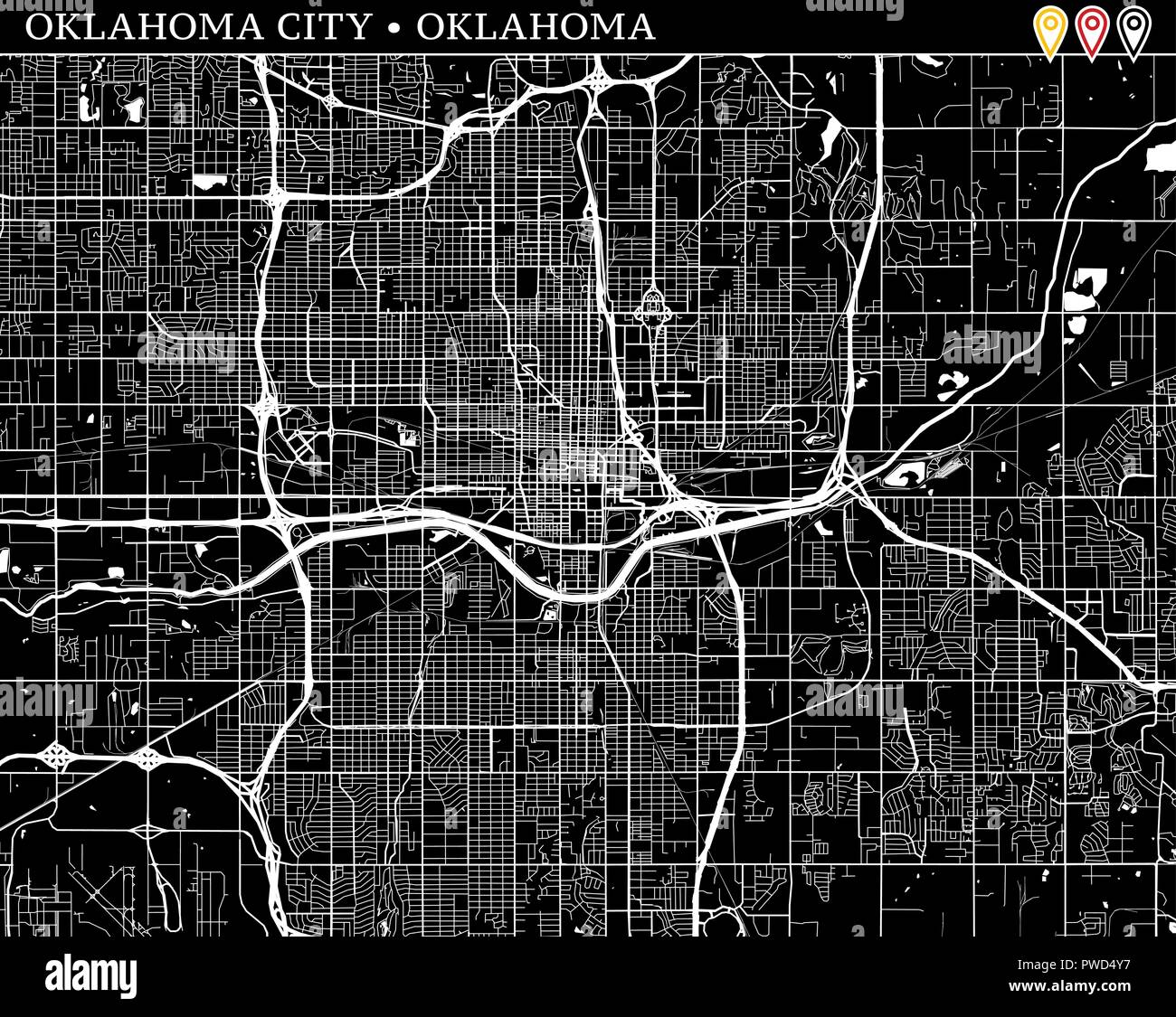 Simple map of Oklahoma City, Oklahoma, USA. Black and white version for clean backgrounds and prints. This map of Oklahoma City contains three markers Stock Vector