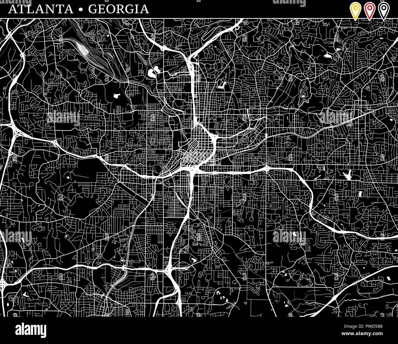 Simple map of Atlanta, Georgia, USA. Black and white version for clean backgrounds and prints. This map of Atlanta contains three markers who are grou Stock Vector