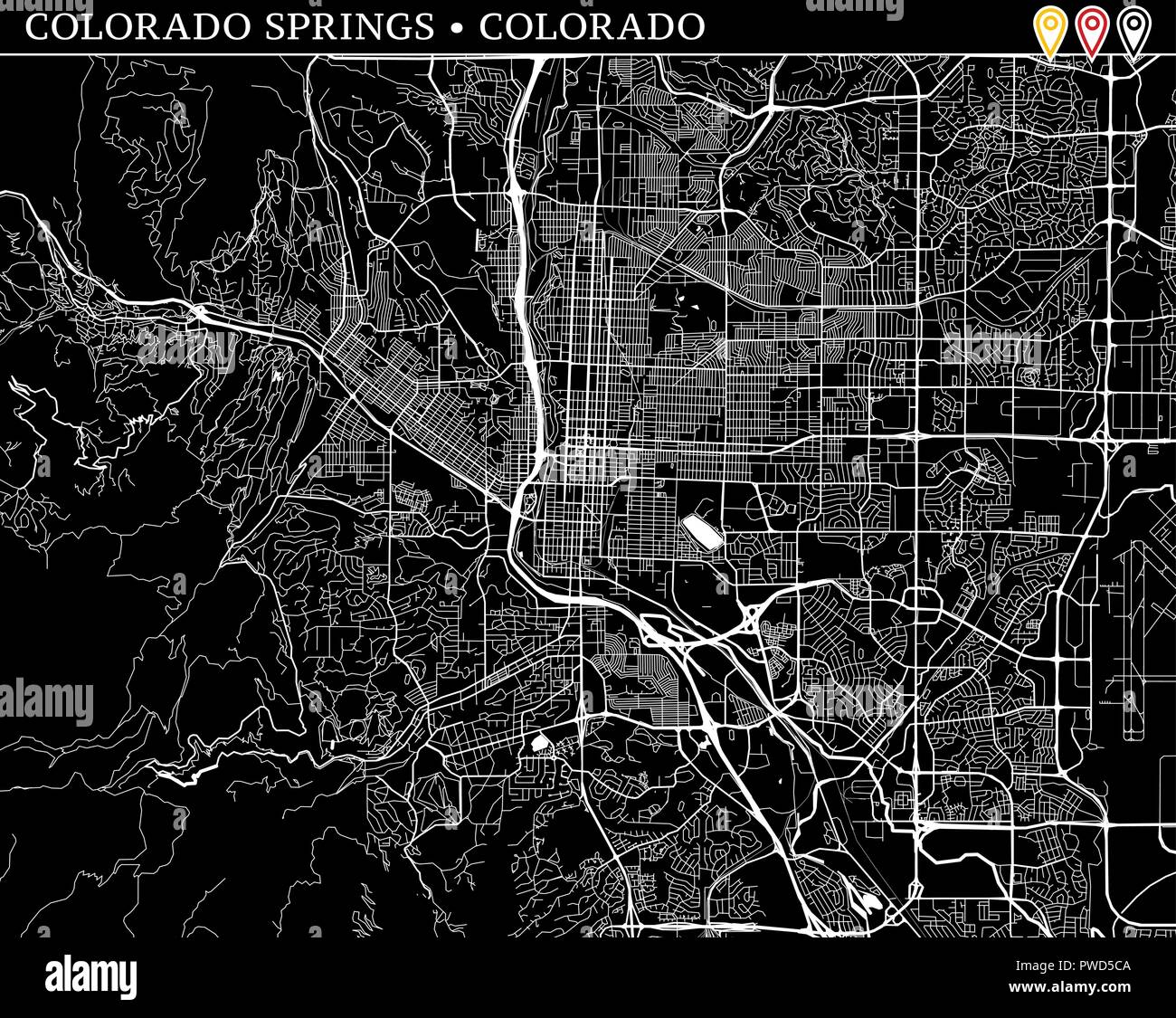 Simple map of Colorado Springs, Colorado, USA. Black and white version for clean backgrounds and prints. This map of Colorado Springs contains three m Stock Vector