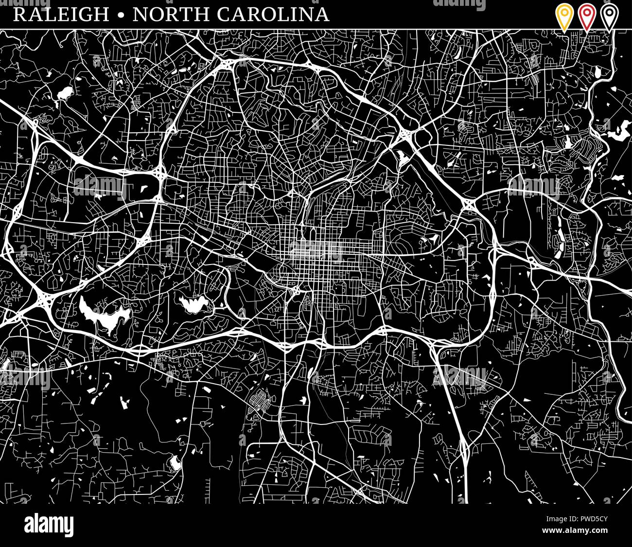 Simple map of Raleigh, North Carolina, USA. Black and white version for clean backgrounds and prints. This map of Raleigh contains three markers who a Stock Vector