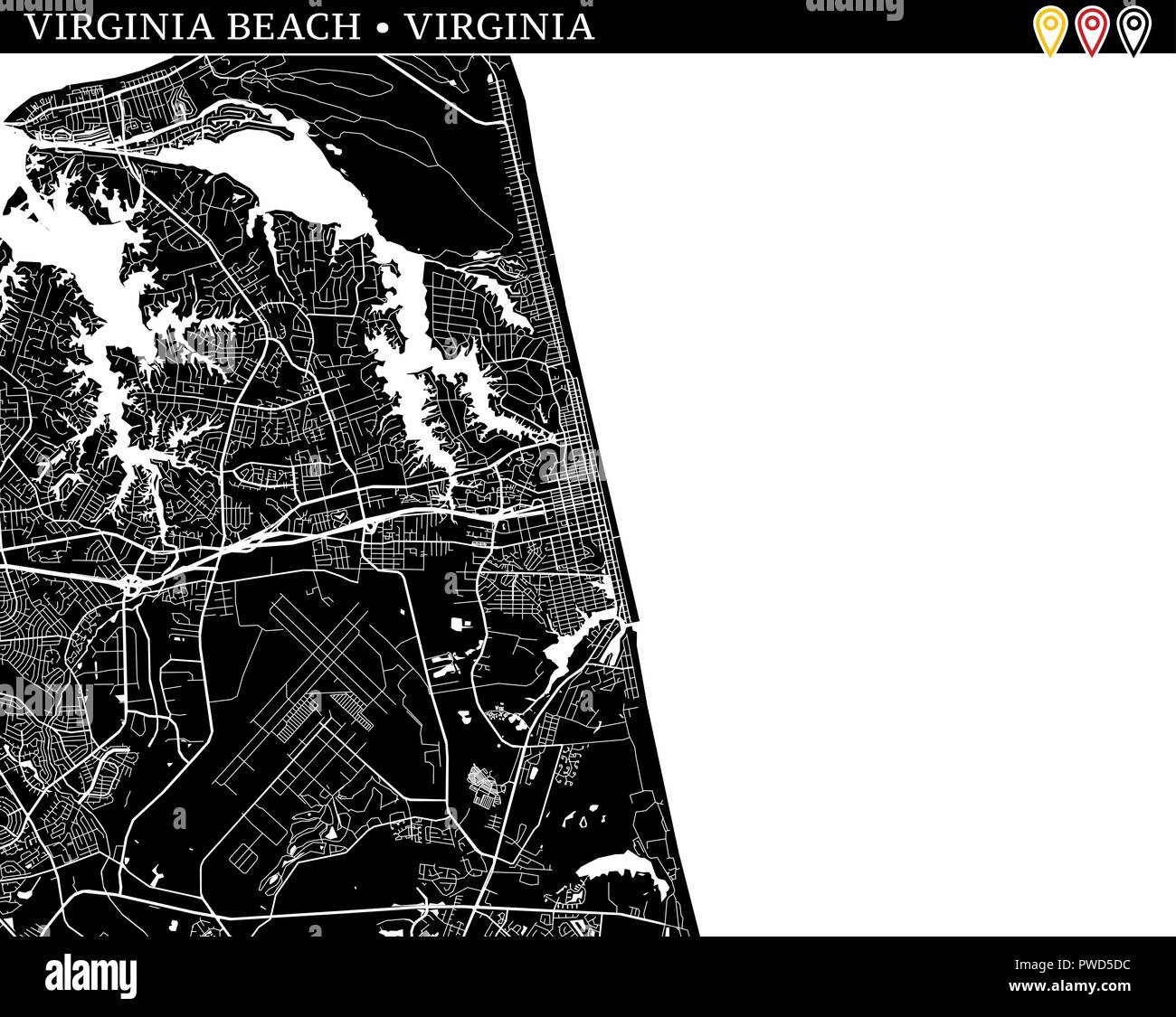 Simple map of Virginia Beach, Virginia, USA. Black and white version for clean backgrounds and prints. This map of Virginia Beach contains three marke Stock Vector