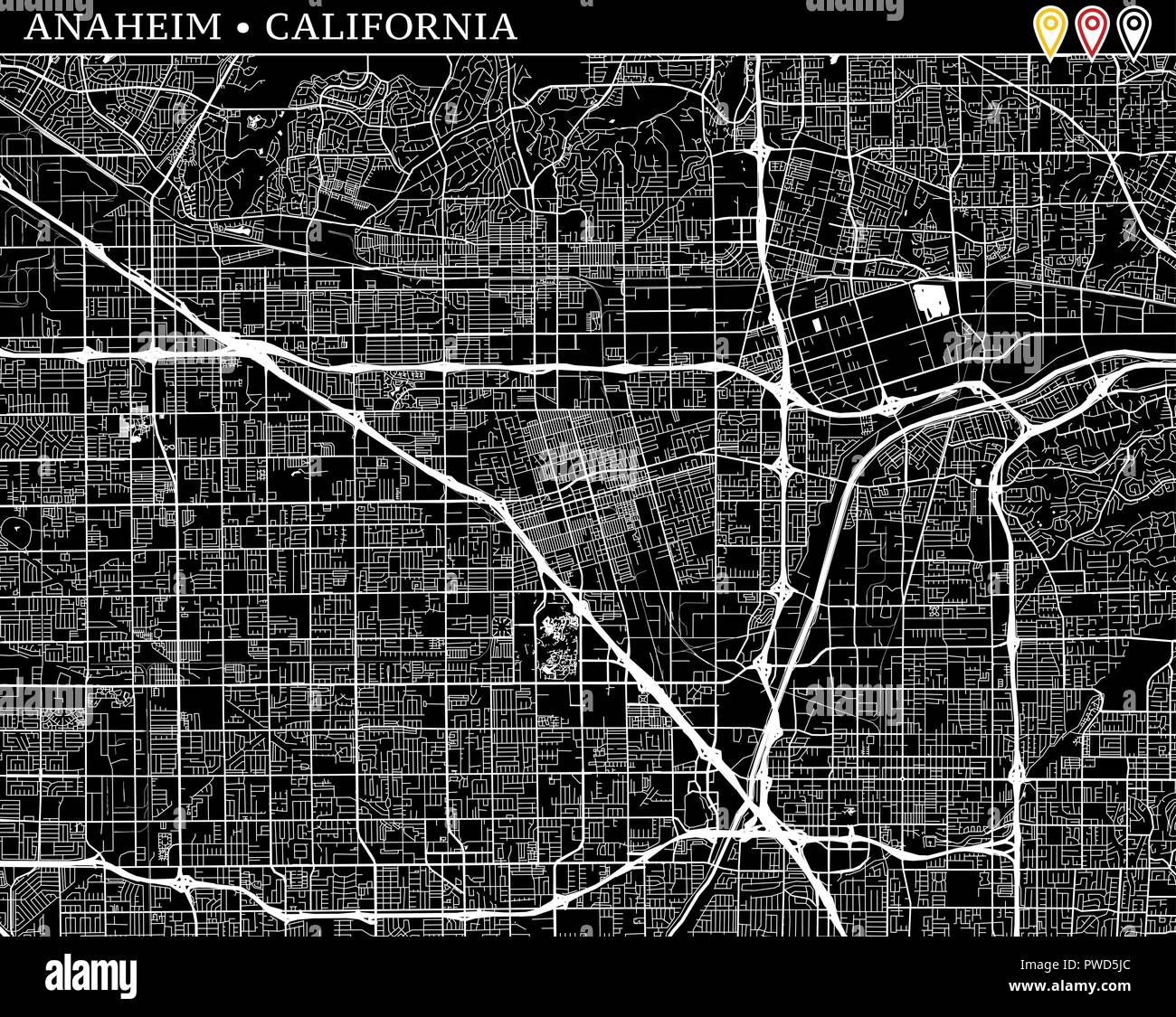 Simple map of Anaheim, California, USA. Black and white version for clean backgrounds and prints. This map of Anaheim contains three markers who are g Stock Vector
