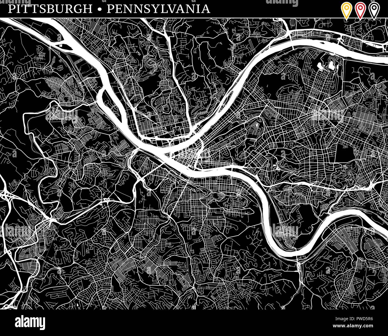 Simple map of Pittsburgh, Pennsylvania, USA. Black and white version for clean backgrounds and prints. This map of Pittsburgh contains three markers w Stock Vector