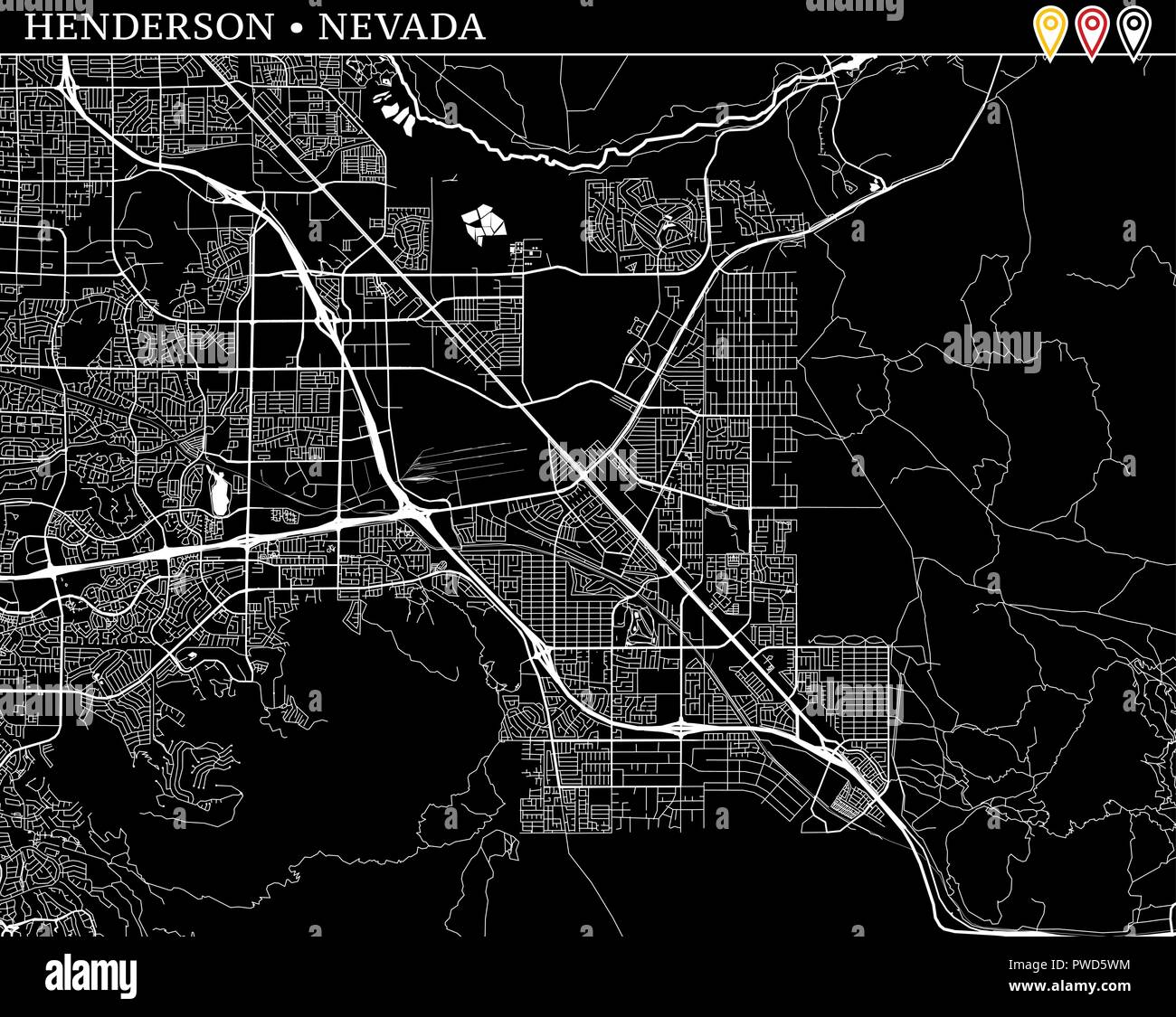 Simple map of Henderson, Nevada, USA. Black and white version for clean backgrounds and prints. This map of Henderson contains three markers who are g Stock Vector